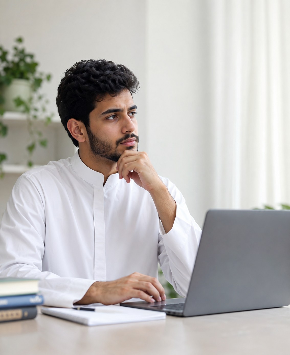 طالب سعودي أمام الكمبيوتر يفكر في اختيار التخصص الجامعي المناسب